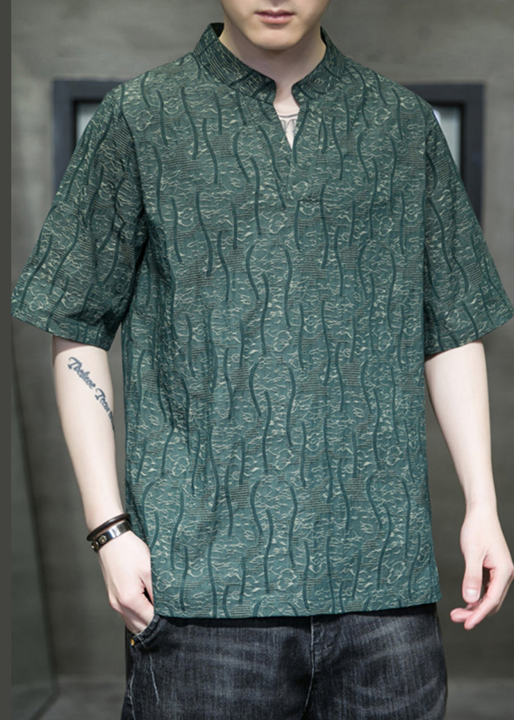 Chinese Style Green Stand Collar Linen Oversized T Shirt Men Summer