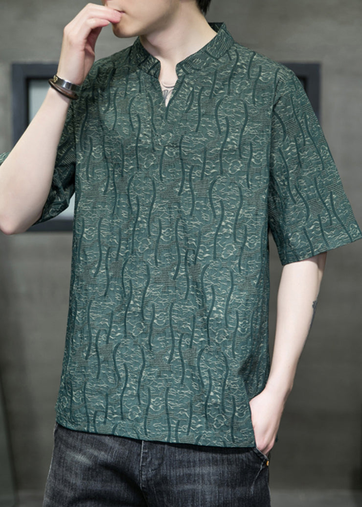 Chinese Style Green Stand Collar Linen Oversized T Shirt Men Summer