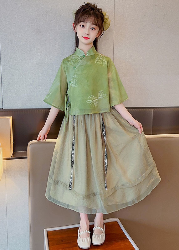 Chinese Style Green Stand Collar Patchwork Chiffon Baby Girls Two Pieces Set Summer