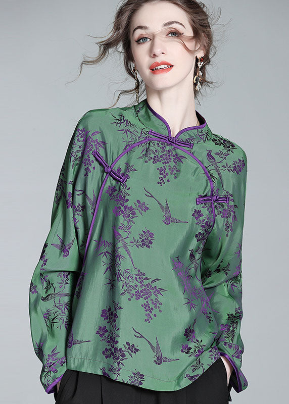 Chinese Style Green Stand Collar Patchwork Jacquard Silk Shirt Spring