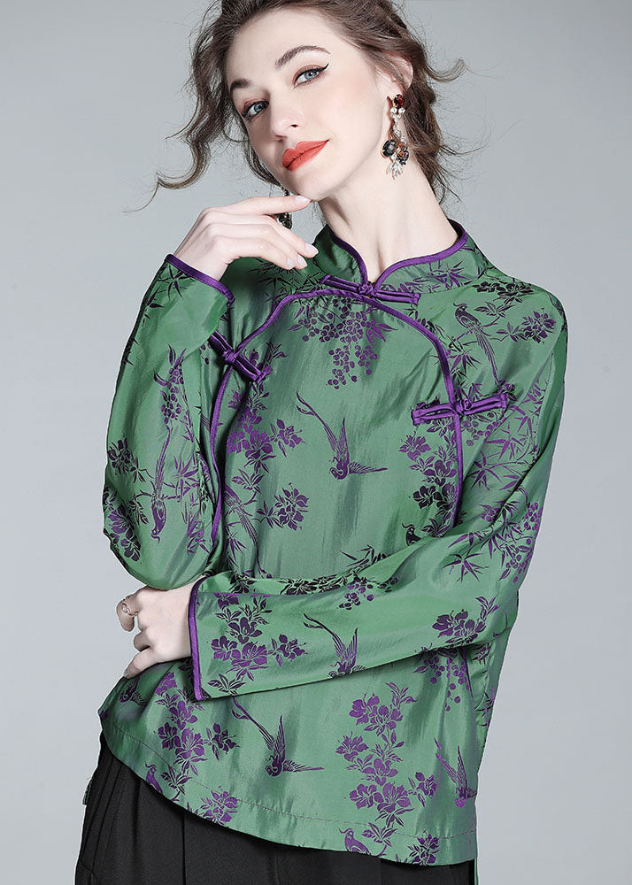 Chinese Style Green Stand Collar Patchwork Jacquard Silk Shirt Spring