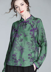 Chinese Style Green Stand Collar Patchwork Jacquard Silk Shirt Spring