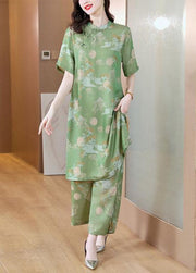 Chinese Style Green Stand Collar Print Silk Two Pieces Set Summe