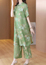 Chinese Style Green Stand Collar Print Silk Two Pieces Set Summe