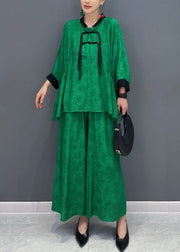 Chinese Style Green Stand Collar Shirts And Wide Leg Pants Two Piece Set Fall