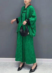 Chinese Style Green Stand Collar Shirts And Wide Leg Pants Two Piece Set Fall