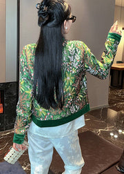 Chinese Style Green Stand Collar Tasseled Print Velour Jacket Spring