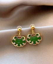 Chinese Style Green Sterling Silver Overgild Zircon Jade Safety Lock Stud Earrings