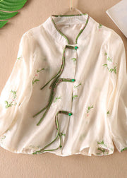 Chinese Style Green Tasseled Embroideried Patchwork Tulle Shirt Top Long sleeve