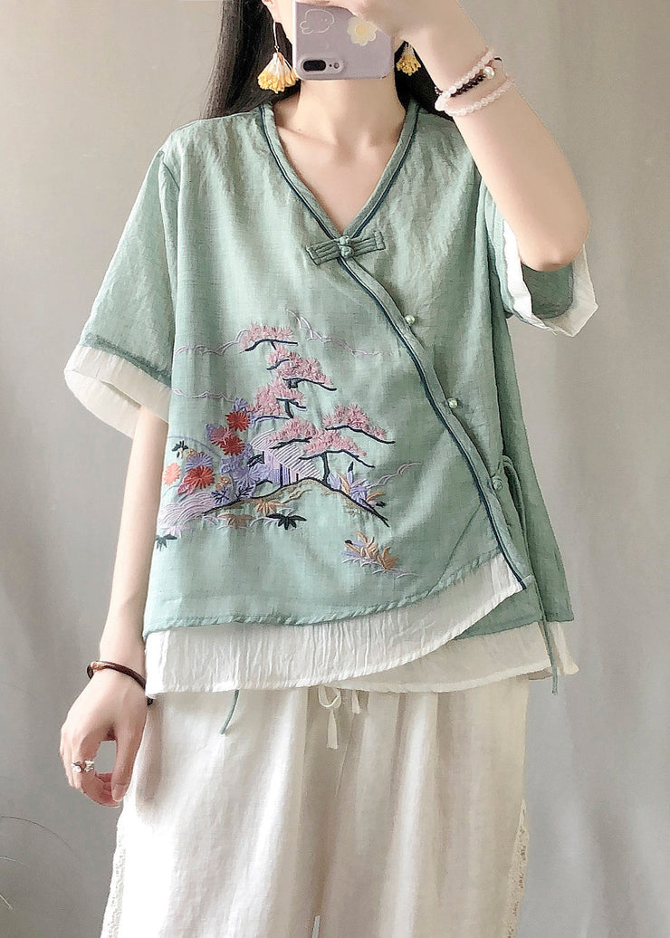 Chinese Style Green V Neck Embroideried Patchwork Linen Tops Summer