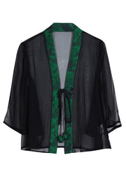 Chinese Style Green V Neck Lace Up Patchwork Silk Cardigan Summer