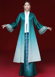 Chinese Style Green V Neck Patchwork Silk Two Piece Set Outfits Long Sleeve