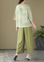 Chinese Style Green V Neck Print Patchwork Linen Shirt Tops Summer