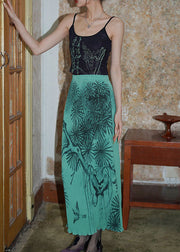 Chinese Style Green Wrinkled Print Silk Skirts Spring