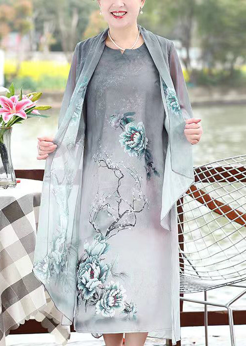 Chinese Style Grey Asymmetrical Print Patchwork Chiffon Dresses Summer