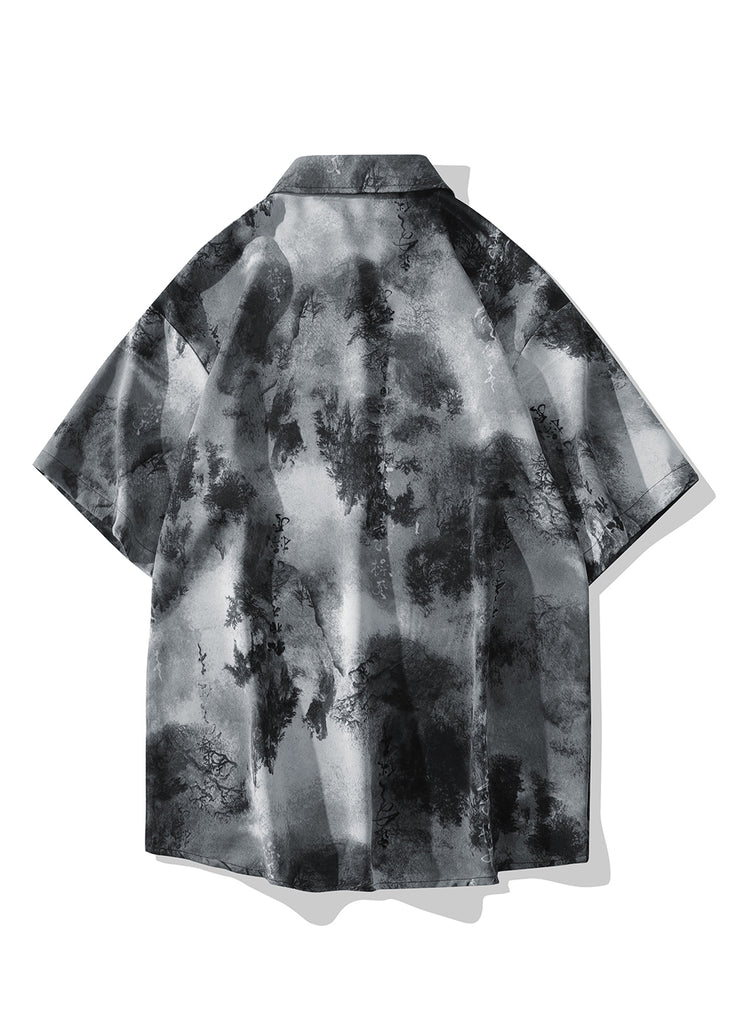 Chinese Style Grey Ice Silk Printed Short Sleeved Shirt For Men