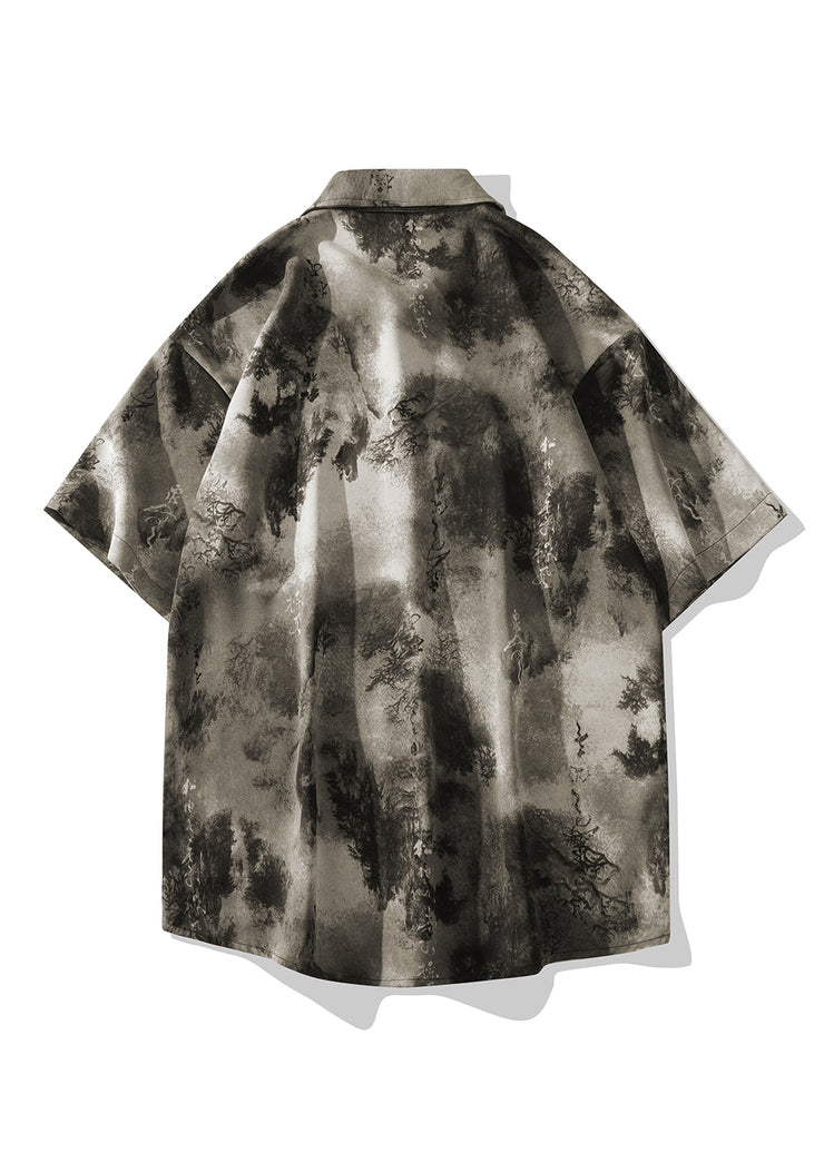 Chinese Style Grey Ice Silk Printed Short Sleeved Shirt For Men