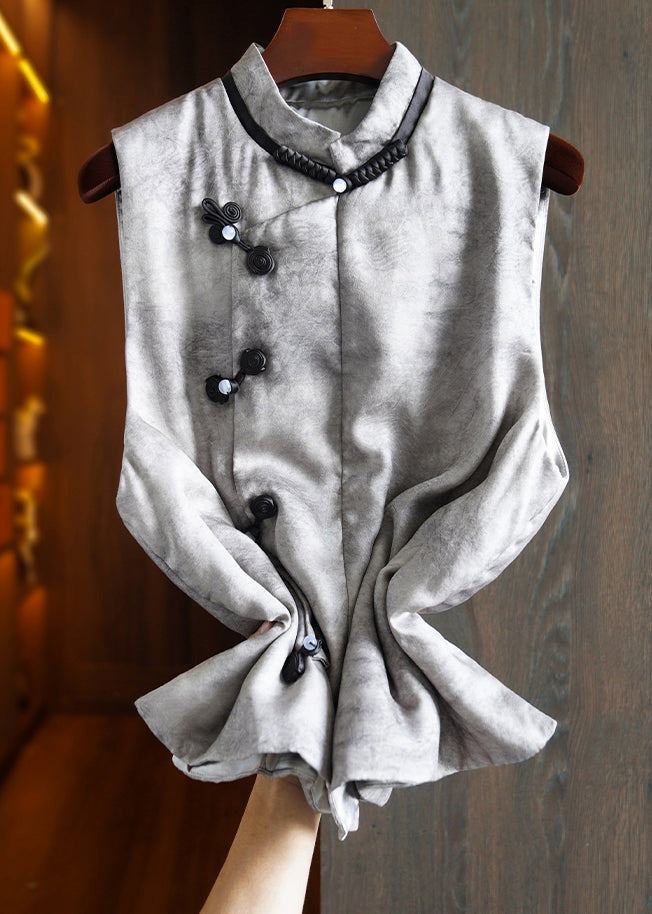 Chinese Style Grey Stand Collar Button Parka Waistcoat Sleeveless