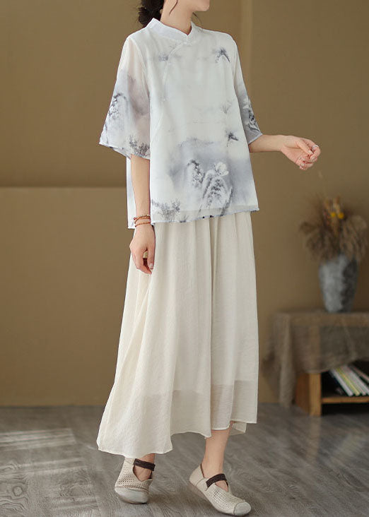 Chinese Style Grey Stand Collar Print Patchwork Silk Top Summer