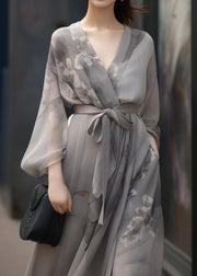 Chinese Style Grey V Neck Print Tie Waist Patchwork Chiffon Dress Fall