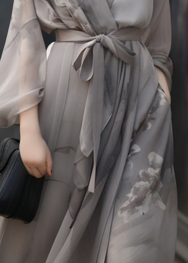 Chinese Style Grey V Neck Print Tie Waist Patchwork Chiffon Dress Fall