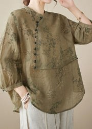 Chinese Style Khaki Green Stand Collar Print Patchwork Linen Shirt Summer