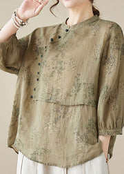 Chinese Style Khaki Green Stand Collar Print Patchwork Linen Shirt Summer