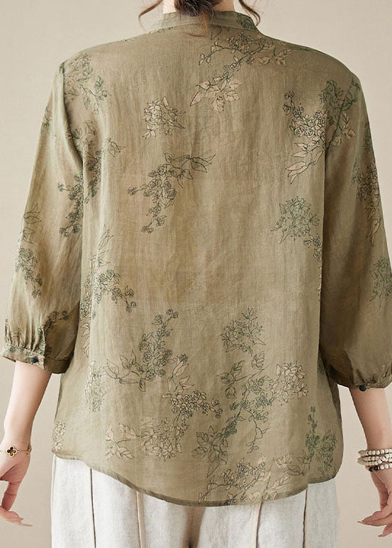 Chinese Style Khaki Green Stand Collar Print Patchwork Linen Shirt Summer