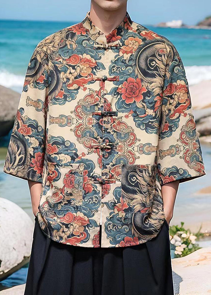 Chinese Style Khaki Print Print Ice Silk Mens Shirt Bracelet Sleeve