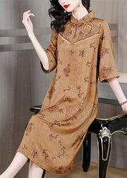 Chinese Style Khaki Stand Collar Chinese Button Print Silk Dresses Half Sleeve