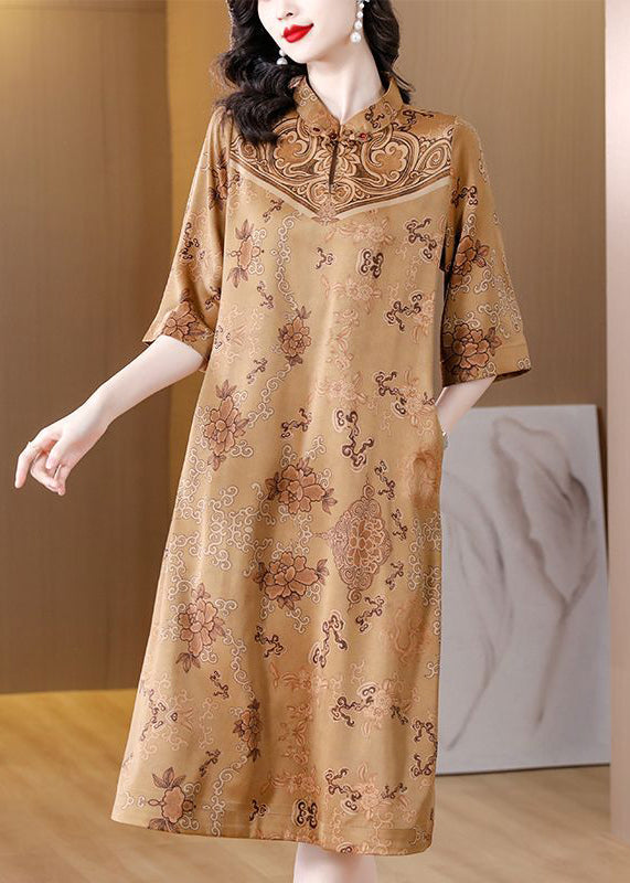 Chinese Style Khaki Stand Collar Chinese Button Print Silk Dresses Half Sleeve