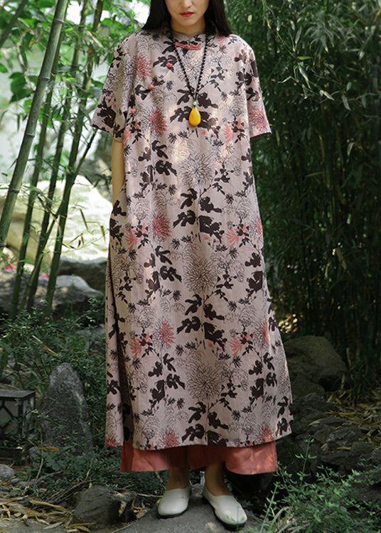 Chinese Style Khaki Stand Collar Print Button Cotton Long Dress Short Sleeve