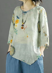 Chinese Style Light Blue Print Asymmetrical Patchwork Linen Tops Summer