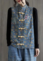 Chinese Style Light Blue Print Button Denim Coats Sleeveless