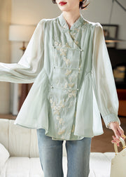 Chinese Style Light Green Stand Collar Embroidered Nail Bead Silk Shirt Fall