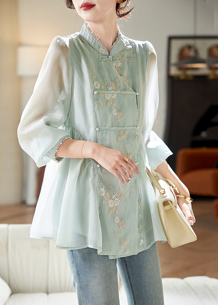 Chinese Style Light Green Stand Collar Embroidered Nail Bead Silk Shirt Fall