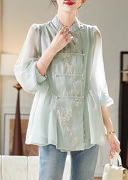 Chinese Style Light Green Stand Collar Embroidered Nail Bead Silk Shirt Fall