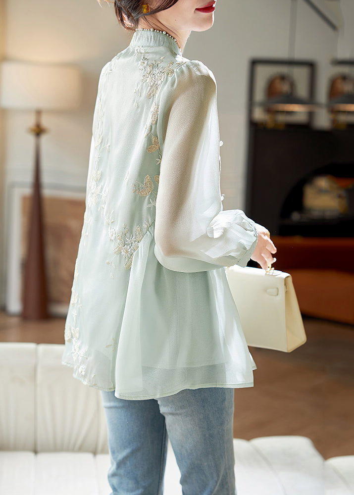 Chinese Style Light Green Stand Collar Embroidered Nail Bead Silk Shirt Fall