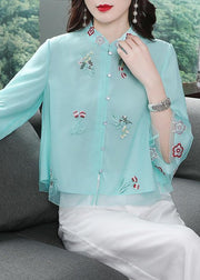 Chinese Style Light Green Stand Collar Embroidered Chiffon Shirts Bracelet Sleeve