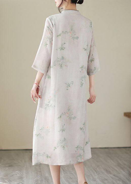 Chinese Style Light Pink Tasseled Print Patchwork Linen Dresses Summer