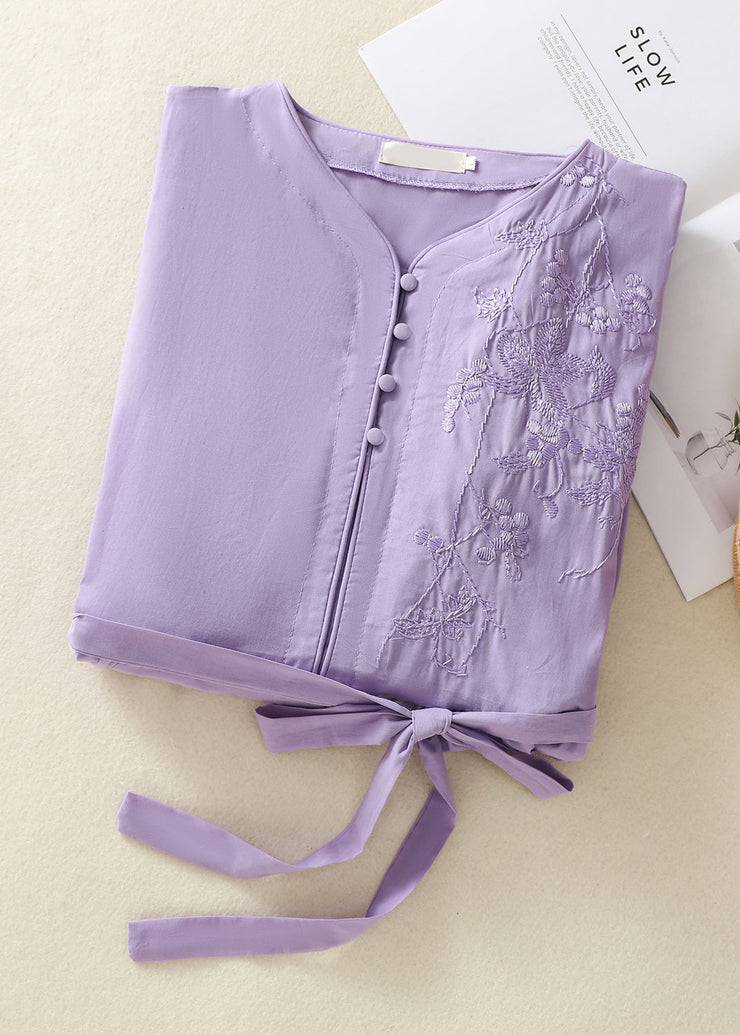 Chinese Style Light Purple Embroidered Tie Waist Cotton Dress Summer