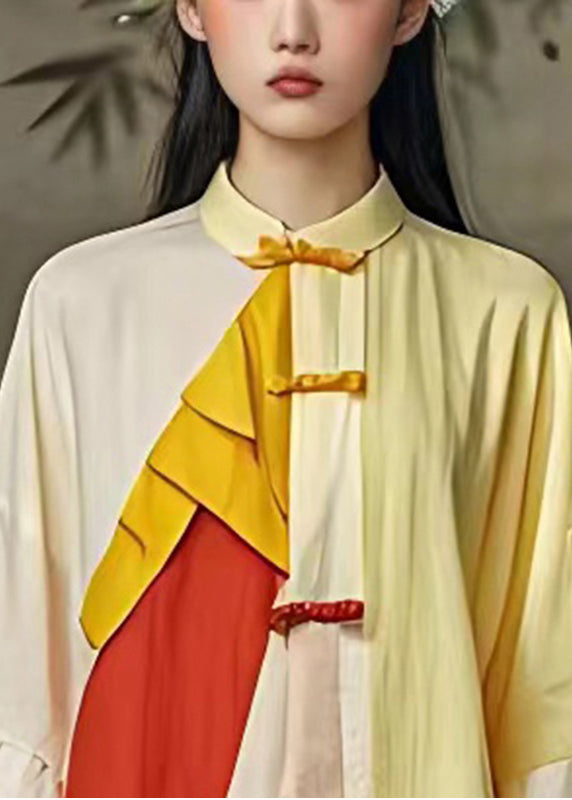 Chinese Style Light Yellow Asymmetrical Patchwork Linen Shirt Dress Summer