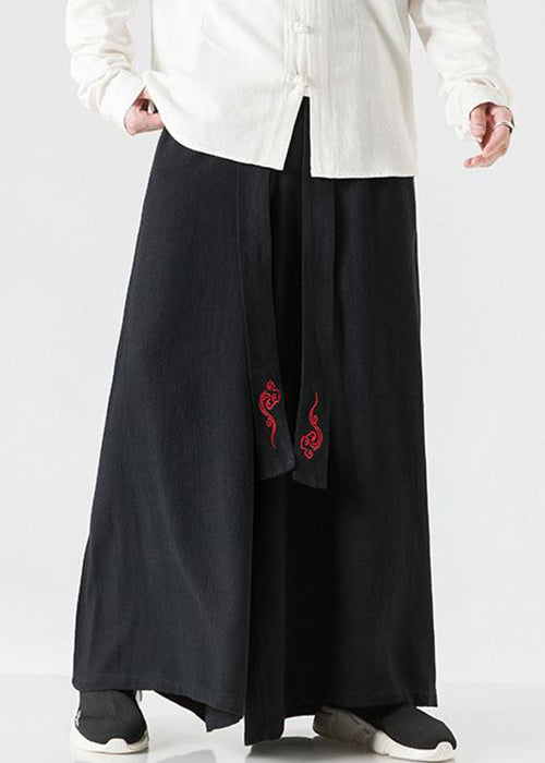 Chinese Style Linen Embroideried High Waist Cotton Men Wide Leg Pants Fall