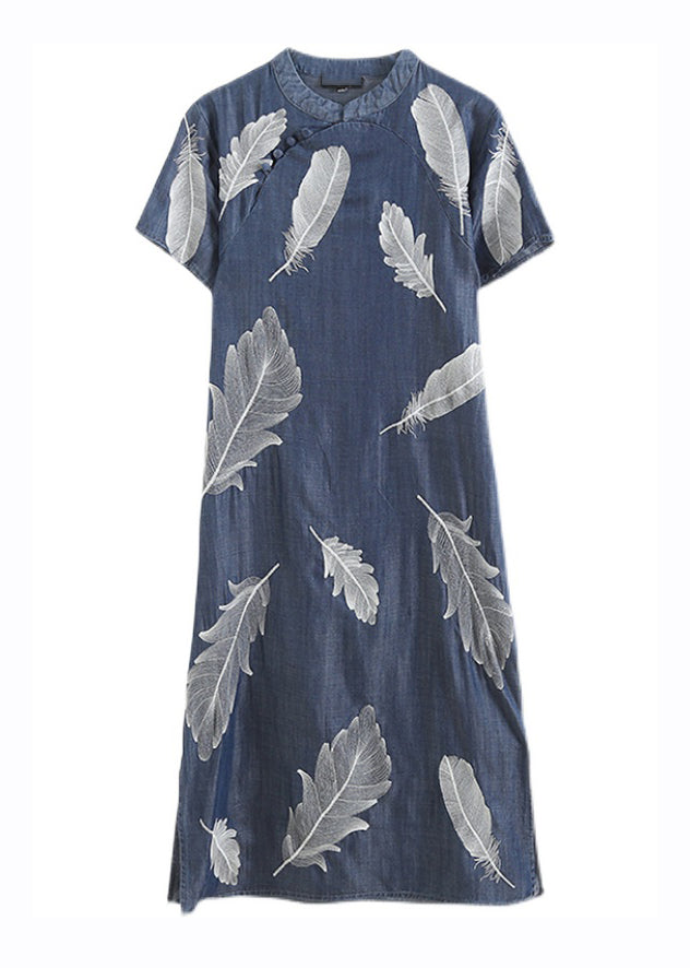 Chinese Style Little Blue Print Side Open Silk Cotton Long Dress Short Sleeve