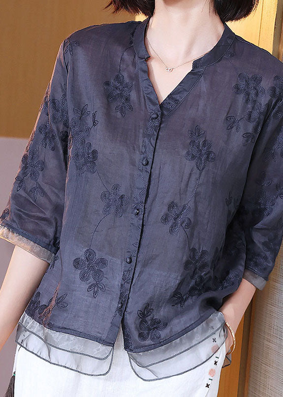 Chinese Style Navy Embroideried Patchwork Linen Shirts Bracelet Sleeve