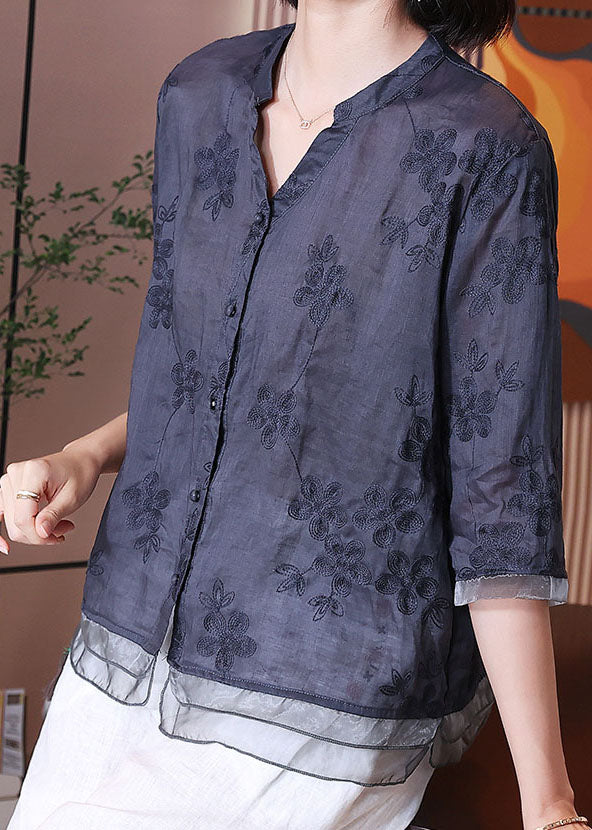 Chinese Style Navy Embroideried Patchwork Linen Shirts Bracelet Sleeve