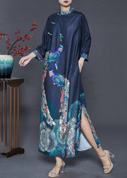 Chinese Style Navy Peacock Print Cotton Maxi Dress Fall