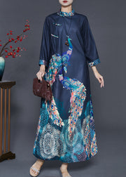 Chinese Style Navy Peacock Print Cotton Maxi Dress Fall