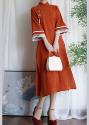 Chinese Style Orange Jacquard Patchwork Lace Side Open Cotton Dress Summer