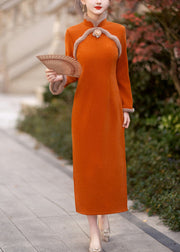 Chinese Style Orange Stand Collar Patchwork Warm Fleece Dresses Long Sleeve